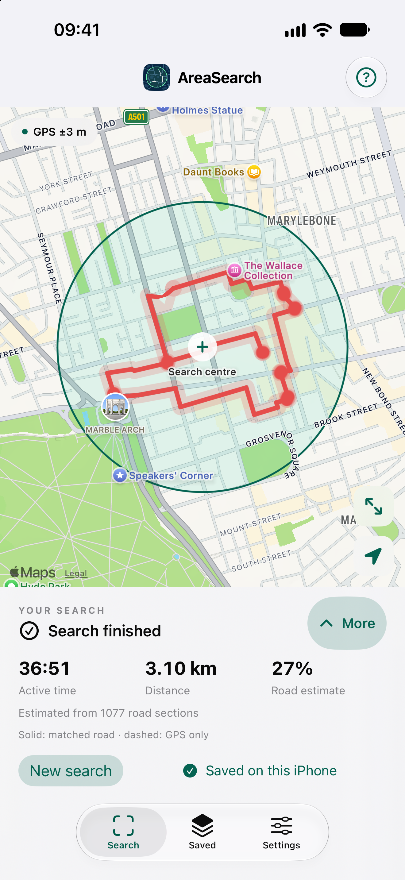 A meaningful Road mode example with a connected red trail, visible circle boundary and estimated road coverage.